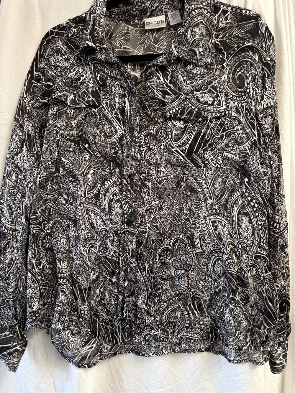 Chico's Black & White Paisley Button-Down silk Shirt